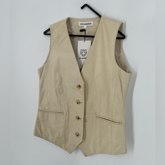 Las Surenas 100% Leather Tiger Embroidered Vest In Ivory - Picture 3 of 9